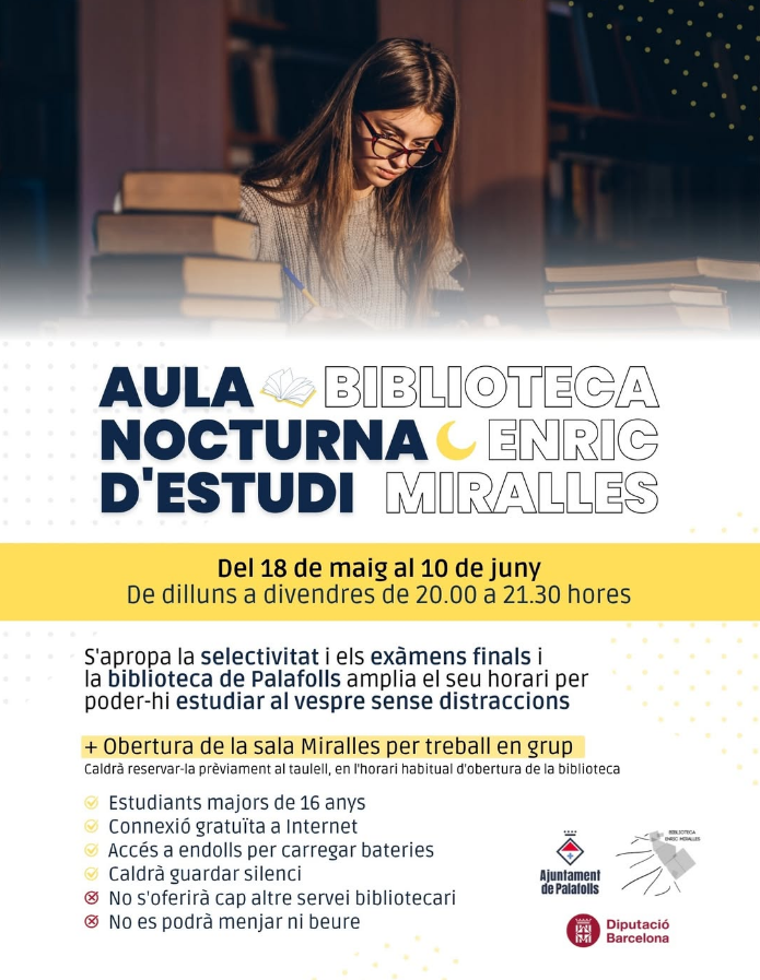 BiblioPalafolls's tweet photo. 🔍Amb l'arribada de la selectivitat i els exàmens finals de curs, l'Ajuntament de Palafolls posa novament a disposició dels estudiants les aules nocturnes d'estudi a la Biblioteca Enric Miralles. https://t.co/e5Pp9MWMWJ