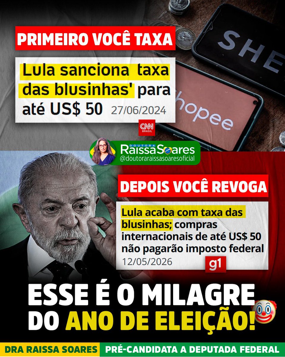 draraissasoares's tweet photo. Que coincidência, né? 🤡

Primeiro taxam as comprinhas internacionais, defendem com unhas e dentes, dizem que não vai pesar pro consumidor… aí o povo começa a sentir no bolso, reclamar e abandonar o carrinho.

Agora, justamente em ano de eleição, aparece esse “milagre”. Querem revogar aquilo que passaram meses chamando de necessário.

Funciona sempre igual: criam o problema, fazem o brasileiro pagar a conta e depois surgem como salvadores tentando resolver a própria bagunça.

A taxa veio rapidinho. O arrependimento veio quando perceberam que o povo tem memória e voto.