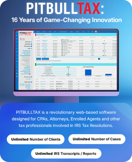 PitBullTax's tweet photo. 🚀 16 years of game-changing innovation in tax resolution.

PitBullTax continues to empower.

✅ Unlimited Clients
✅ Unlimited Cases
✅ Unlimited IRS Transcripts &amp; Reports

Ready to take your practice to the next level?
📞 Schedule your demo today! https://t.co/dAEAqZX5Sf https://t.co/rNdNCQD2ho