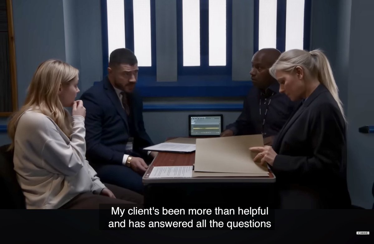 J_WBerry's tweet photo. Today Megan is not only being interviewed by Lisa, one of her neighbours, but her solicitor is Adam, her ex-boyfriend's nephew...🤷‍♀️ Where's the duty solicitor?! Are there no other detectives?! We can only suspend our disbelief so far. This is silly now. #Corrie https://t.co/wlHhHO36pE