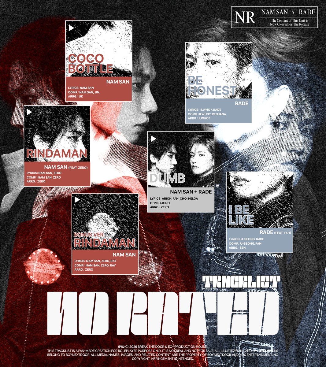 BREAKTHEDOORz's tweet photo. ️️

 ️️
𝘉𝙍𝗘𝖠𝙆 𝖳𝘏𝗘 𝖣𝙊𝝤𝖱
NAM SAN x RADE 1st EP
[ 𝗡𝗢 𝗥𝗔𝗧𝗘𝗗 ]

Tracklist

Release:   17.05.2026    |    4 P.M.
 ️️

 ️️ https://t.co/vFQrUgEEGO