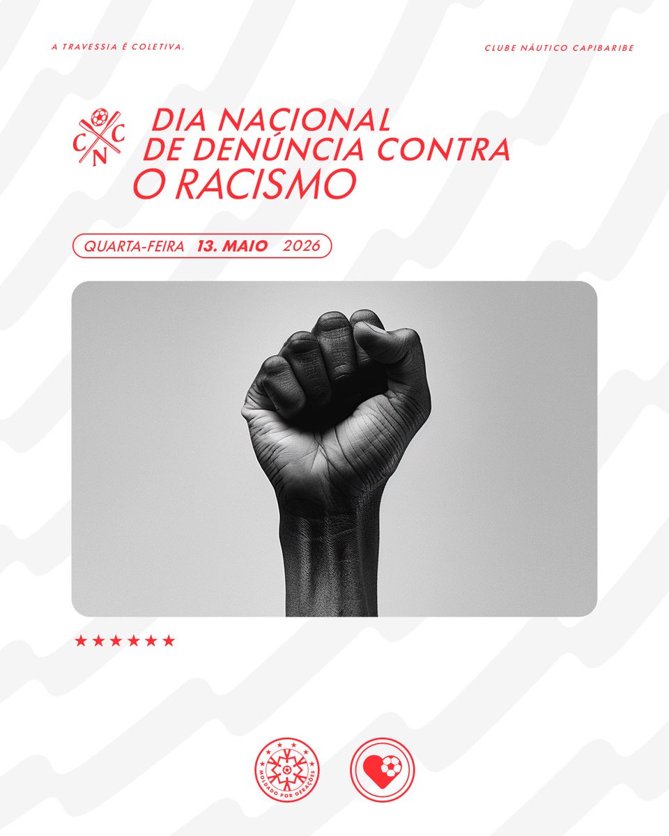 nauticope's tweet photo. Neste 13 de maio, o Náutico reafirma seu compromisso com uma data que vai muito além da abolição oficial. No Dia Nacional de Denúncia Contra o Racismo, seguimos firmes no combate às desigualdades e ao racismo estrutural.

A luta contra a discriminação é coletiva, diária e inegociável! ✊🏾🇦🇹