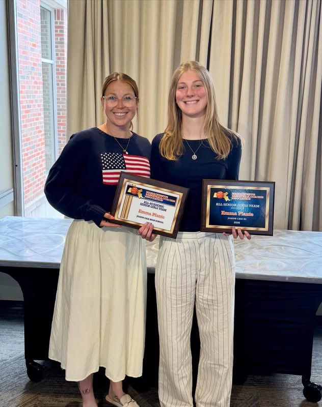 CoachRobertsPE's tweet photo. Congratulations to Sr Capt Emma Plante on her recognition from the @mbcaorg earning all senior team and academic honors. Her name has now been etched permanently in the gym!!!! https://t.co/rsk2ckinQA