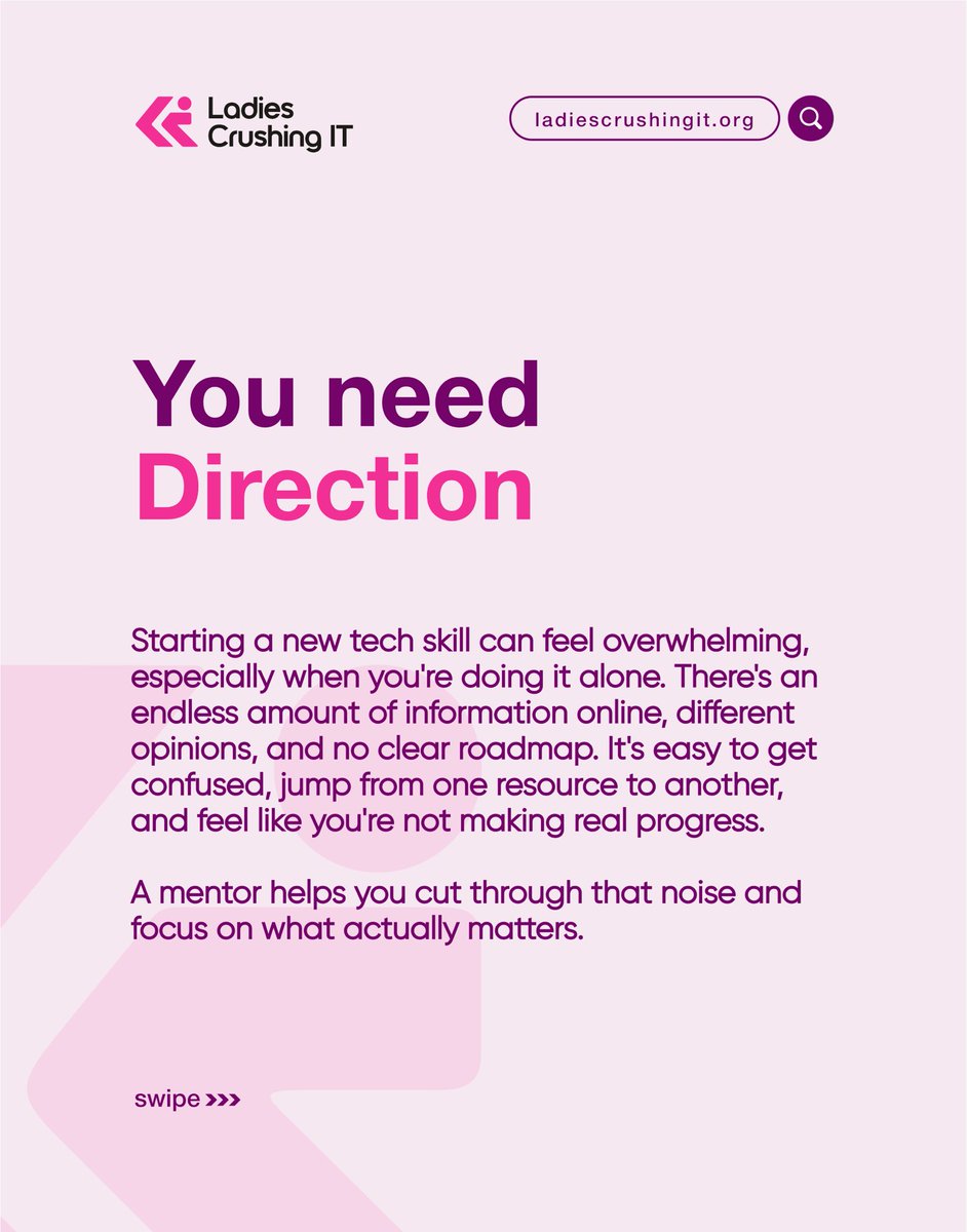 LCIt_'s tweet photo. Your tech journey does not have to be confusing. 💜

Apply for the FREE Ladies Crushing IT Mentorship Program and get:
✨ 1-on-1 mentorship  
✨ Real-life project experience  
✨ Income-ready tech skills  
✨ Guidance from experienced professionals  

1/2 https://t.co/JQ0APtcIjy