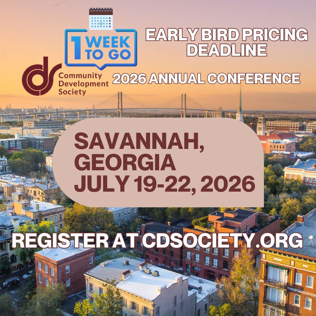 CommDevSoc's tweet photo. Only One Week Left for Early Bird Pricing! Register for the 2026 CDS Annual Conference at https://t.co/HgETPgiz8i https://t.co/CoXpDQb4F2