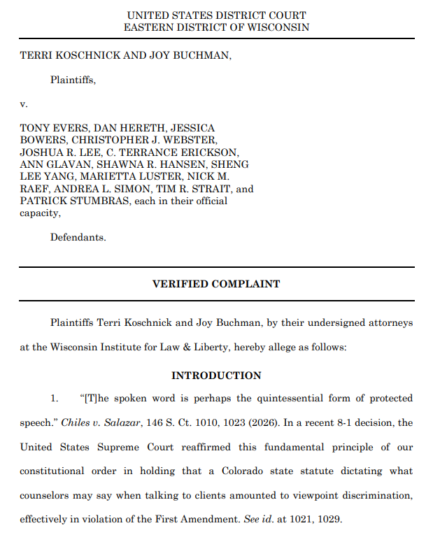 DanLennington's tweet photo. NEW: Gov. Evers Sued for Resisting U.S. Supreme Court. We just sued the Gov. for resisting Chiles v. Salazar, the 8-1 decision protecting Christian counselors' free-speech rights. More from @WILawLiberty here: https://t.co/KeXZCvEZEU https://t.co/6ldH19zWTX