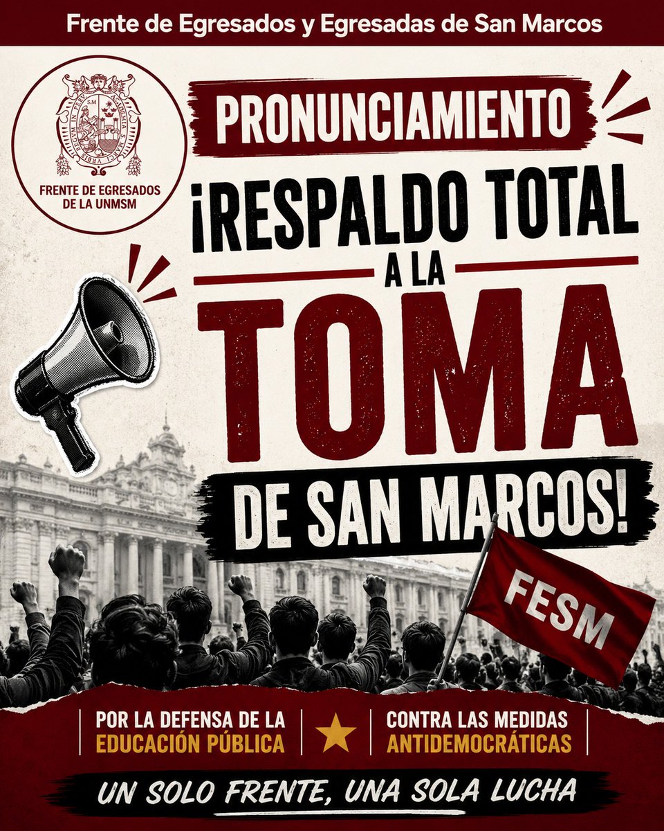 EgresadosUnmsm's tweet photo. 📢El Frente de Egresados y Egresadas de San Marcos se pronuncia en respaldo a la toma de San Marcos y contra la reelección de rectores que se presente imponer desde el Congreso, para favorecer a Jerí Ramón

Viva San Marcos!✊ https://t.co/1oytog8ZZf