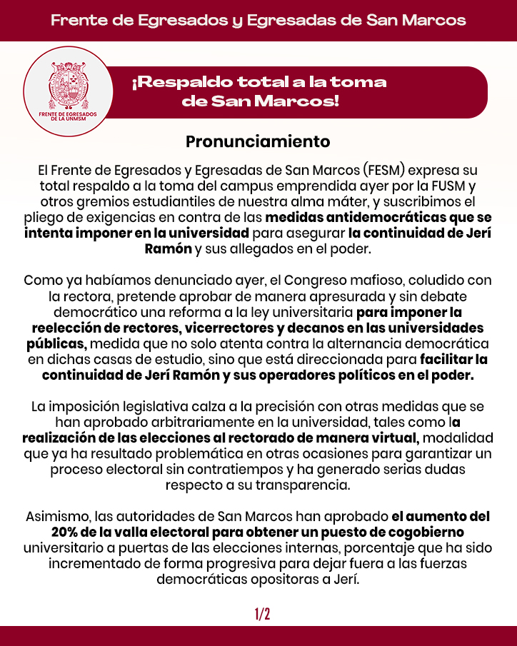 EgresadosUnmsm's tweet photo. 📢El Frente de Egresados y Egresadas de San Marcos se pronuncia en respaldo a la toma de San Marcos y contra la reelección de rectores que se presente imponer desde el Congreso, para favorecer a Jerí Ramón

Viva San Marcos!✊ https://t.co/1oytog8ZZf