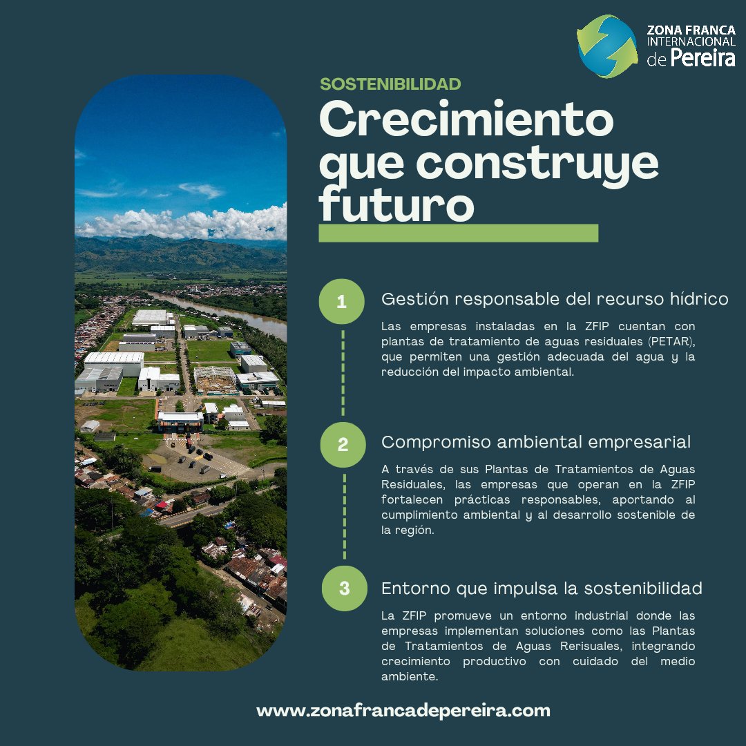ZFIP's tweet photo. 🌱 Crecimiento que construye futuro
En la Zona Franca Internacional de Pereira impulsamos un desarrollo sostenible que integra productividad y cuidado del medio ambiente. 💚
✔️ Gestión responsable del recurso hídrico
✔️ Compromiso ambiental empresarial https://t.co/xkWG18hKKt