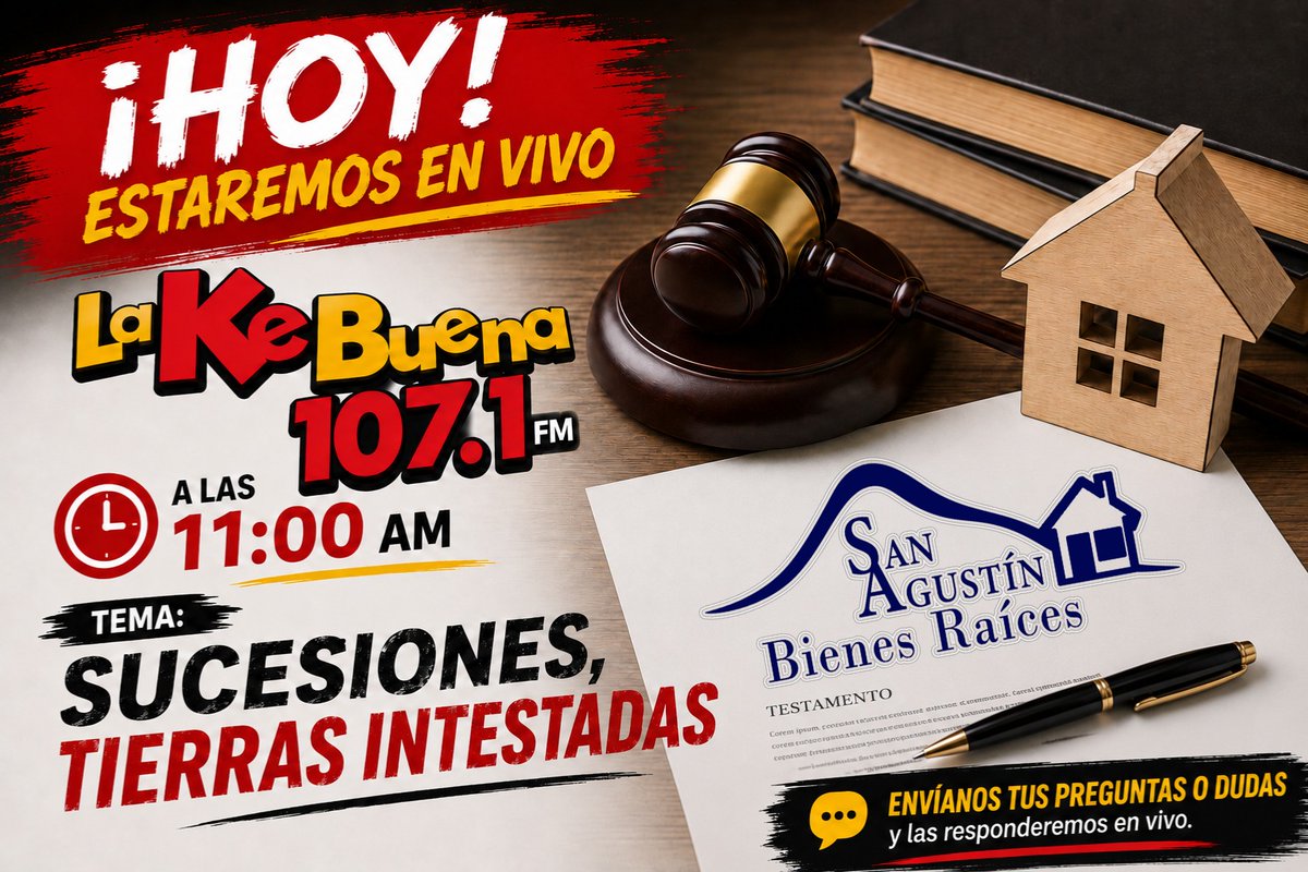 BienesRaices_SA's tweet photo. 📻🏡 ¡Sintonízanos hoy en vivo por #LaKeBuena 107.1 FM! | 🕚 11:00 AM

Estaremos hablando sobre:
⚖️ Sucesiones y tierras intestadas

#BienesRaices #LaKeBuena #Sucesiones #TierrasIntestadas #radio #Herencias #jalpandeserra https://t.co/MVYH0NO4Sq