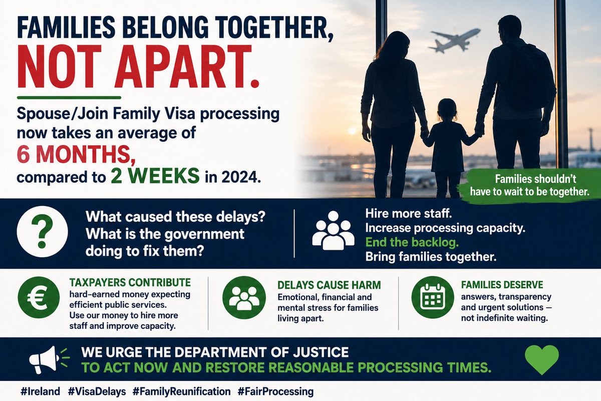 harsh03600793's tweet photo. Dear @DeptJusticeIRL,
Spouse/Join Family Visa processing is now taking an average of 6 MONTHS. In 2024, the same visas were processed in around 2 MONTHS.
Families are being forced to live apart for far too long. What changed, and why is there no clear solution yet?#visadelays https://t.co/xoMbnhuxFQ