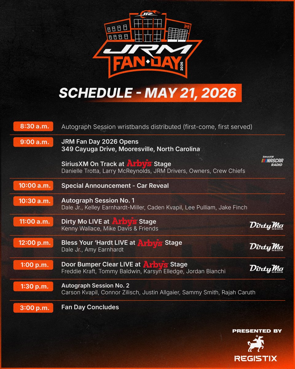 JRMotorsports's tweet photo. Live shows, a special announcement, multiple autograph sessions, partner activations and so much more - all for you, JR Nation.

The 2026 Fan Day Schedule is here. https://t.co/2nDdSqQnPv
