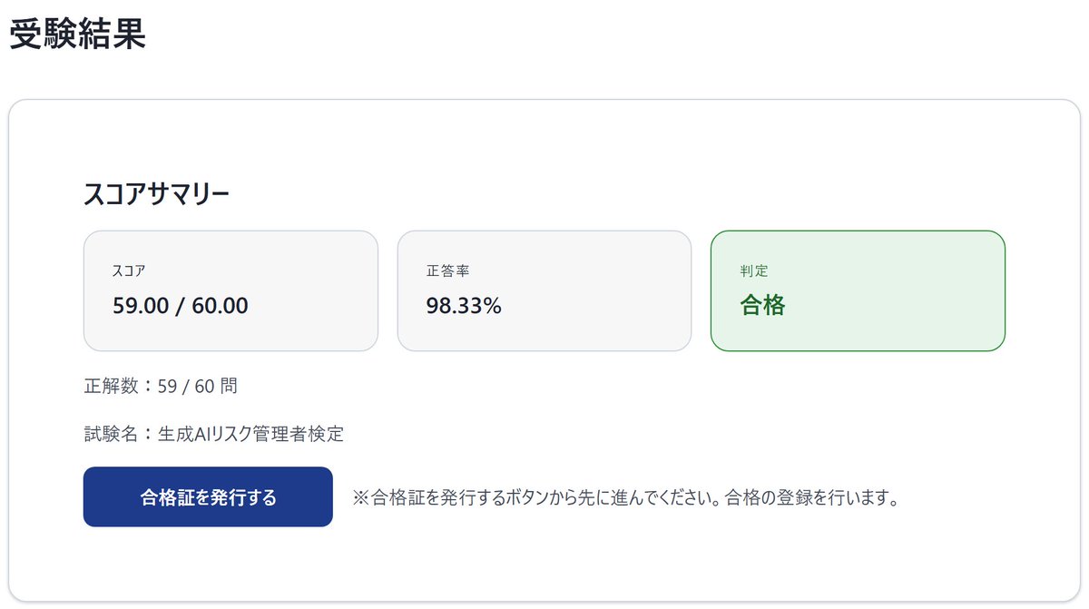 AI資格 生成AIリスク管理者検定 59/60点 惜しくも満点ならず…。 法律的