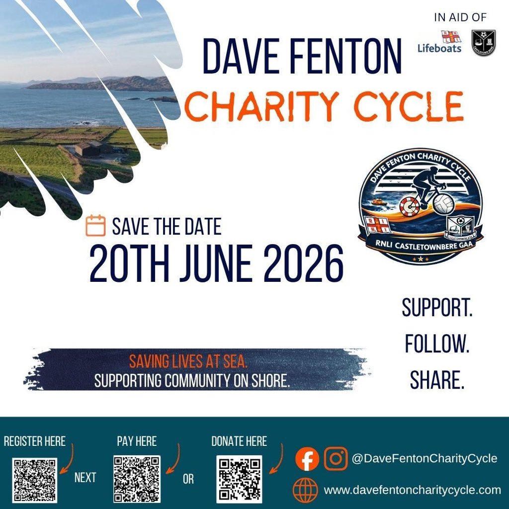 GarnishGAA's tweet photo. 🚴‍♂️ SAVE THE DATE 🚴‍♀️
The Dave Fenton Charity Cycle takes place on 20th June 2026 in aid of RNLI Castletownbere &amp; Castletownbere GAA! @TownCTB https://t.co/fqNFpakAZ2