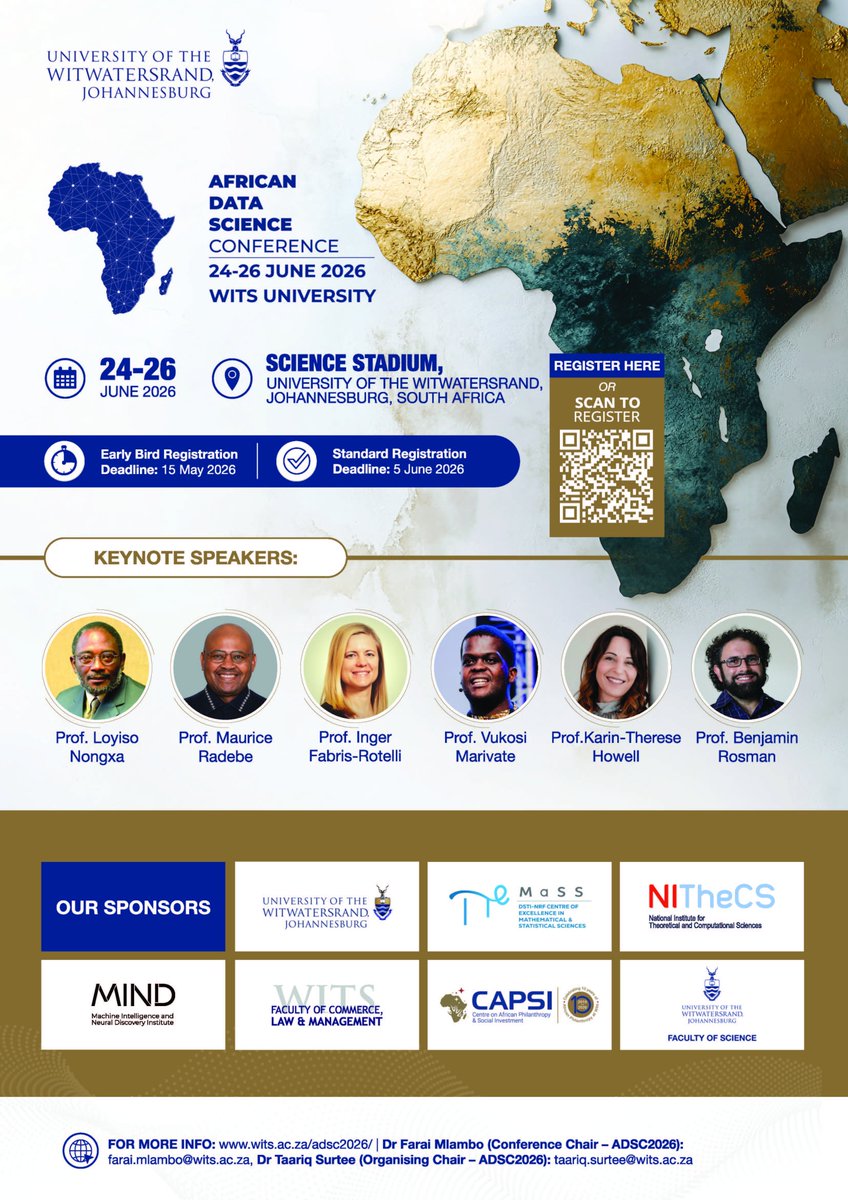 CoEMaSS's tweet photo. 🌍 The African Data Science Conference 2026 (ADSC 2026) is a flagship continental forum advancing research, innovation, and practice in:
Data Science
Artificial Intelligence
Machine Learning
Statistics
Analytics

With a strong focus on African contexts, challenges, and opportunities, ADSC 2026 highlights the transformative role of data-driven solutions in shaping the continent’s future.

🔗 For more information: https://t.co/az0OnIymVY 
📝 To register: https://t.co/9VocBM6GSZ

#ADSC2026 #DataScienceAfrica #AI #MachineLearning #Statistics #Innovation #WitsUniversity #ResearchImpact