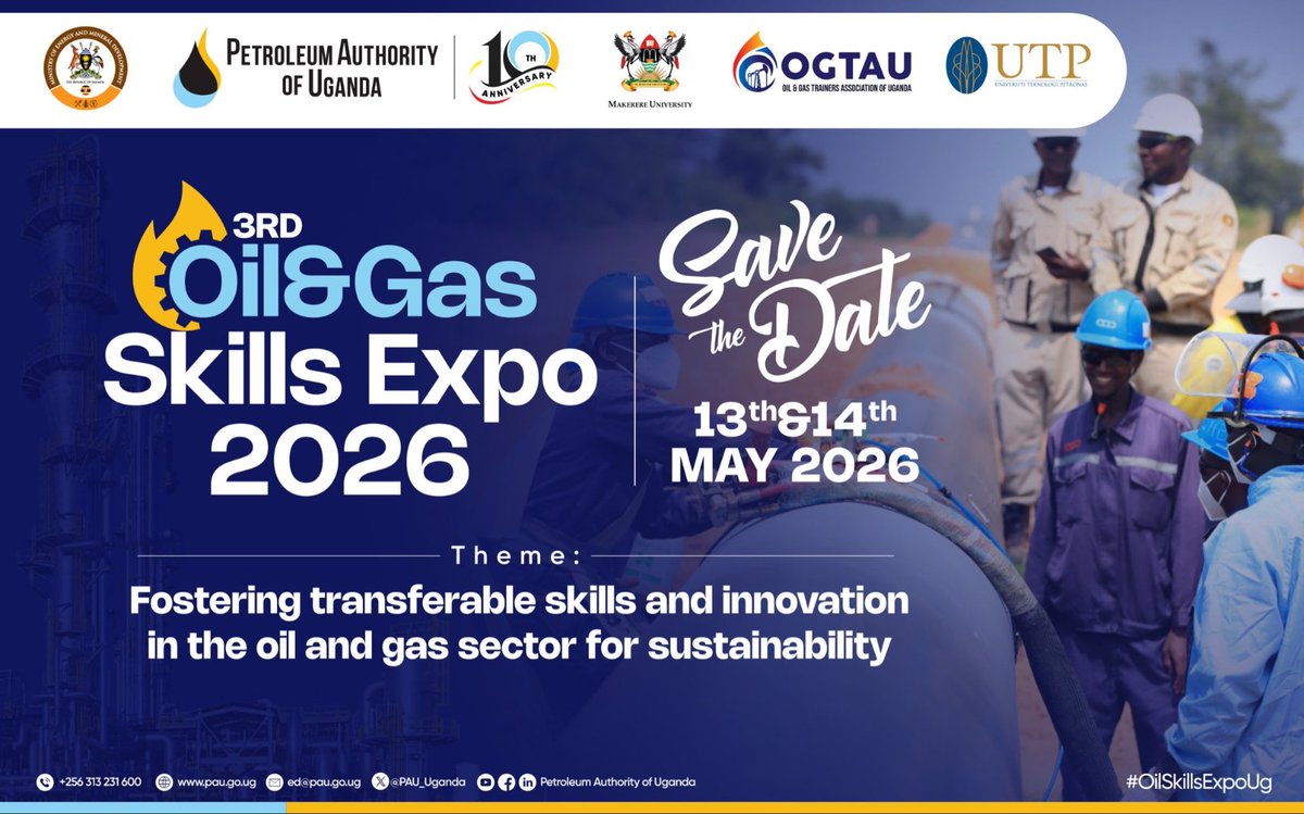 whatsonwhenug's tweet photo. 📌 @PAU_Uganda holds 3rd Oil &amp; Gas Skills Expo. Dates: Wed &amp; Thurs 13 &amp; 14 May. Venue: Makerere University. Theme: "Fostering Transferable #Skills &amp; Innovation in #Oil &amp; #Gas Sector for Sustainability".
Partners: @MEMD_Uganda @Makerere OGTAU Universiti Tecnologi Petronas https://t.co/7KLD826hNT