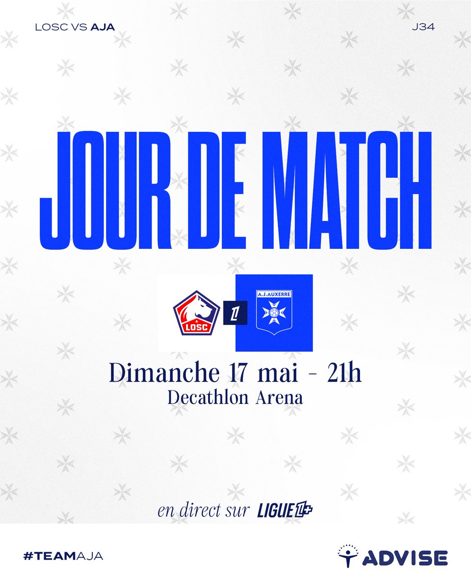 AJA's tweet photo. 🟦 𝐉𝐎𝐔𝐑 𝐃𝐄 𝐌𝐀𝐓𝐂𝐇 ⬜️

⚽️ @losclive 🆚 #TeamAJA
🏟️ Decathlon Arena
🏆 @Ligue1, J34
⌚️ 21h
📺 @ligue1plus
#️⃣ #LOSCAJA https://t.co/CgAp0tbcgq