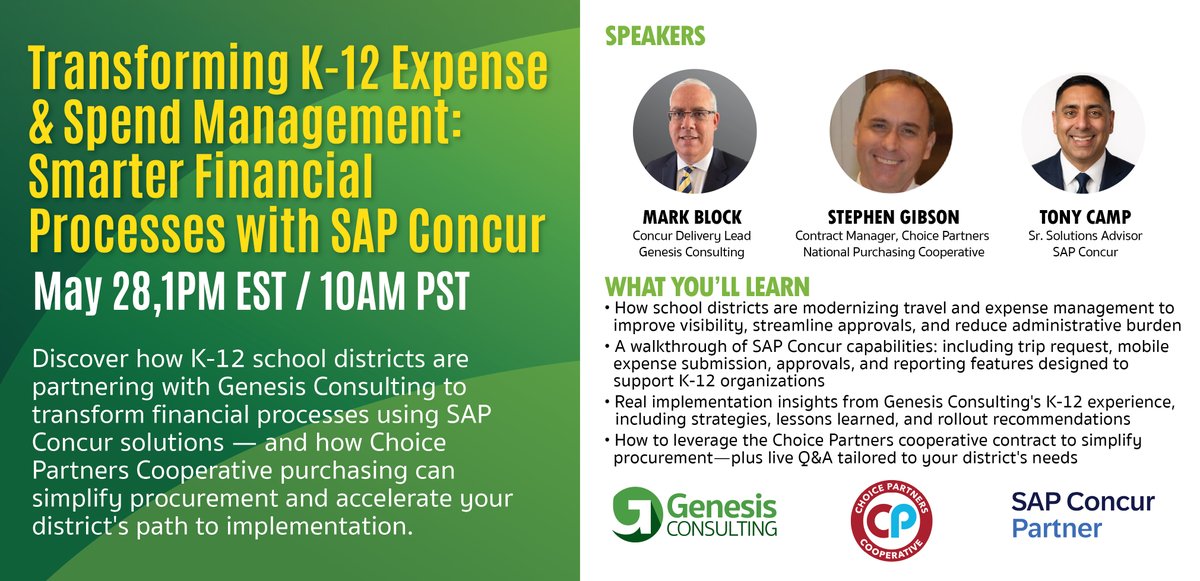 GenesisElevates's tweet photo. K-12 leaders: join us May 28 for a free webinar on modernizing expense &amp; spend management with @SAPConcur and @Choice_Partners . Real insights, live Q&amp;A. Register: https://t.co/4hcSeRaqZ3 
#GenesisElevates #K12Finance #SAPConcurPartner #SAPConcur #ChoicePartnersCooperative https://t.co/KJhIrocKdc