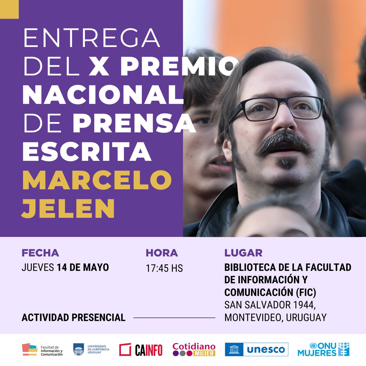 CAinfouy's tweet photo. INVITACIÓN: entrega del X Premio Nacional de Prensa Escrita Marcelo Jelen
Jueves 14 de mayo, 17:45 hs
Biblioteca de la FIC. San Salvador 1944.
En diálogo con el público, los premiados compartirán sus experiencias en el abordaje de la investigación realizada. 
Los esperamos! https://t.co/cnRYdod6uj