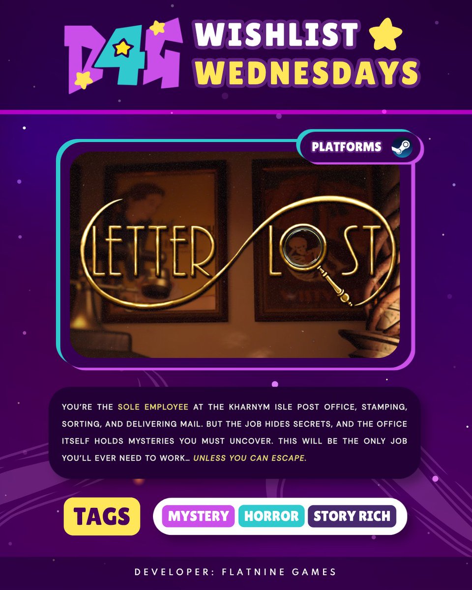Dames4Games's tweet photo. New week, new #WishlistWednesday recommendation! ✨

Letter Lost is a mystery/horror game taking place in a post office. But something’s off. The job is hiding secrets, and the office itself is full of mysteries you’ll have to uncover...

💜 Wishlist on Steam: https://t.co/jupc15dwB6