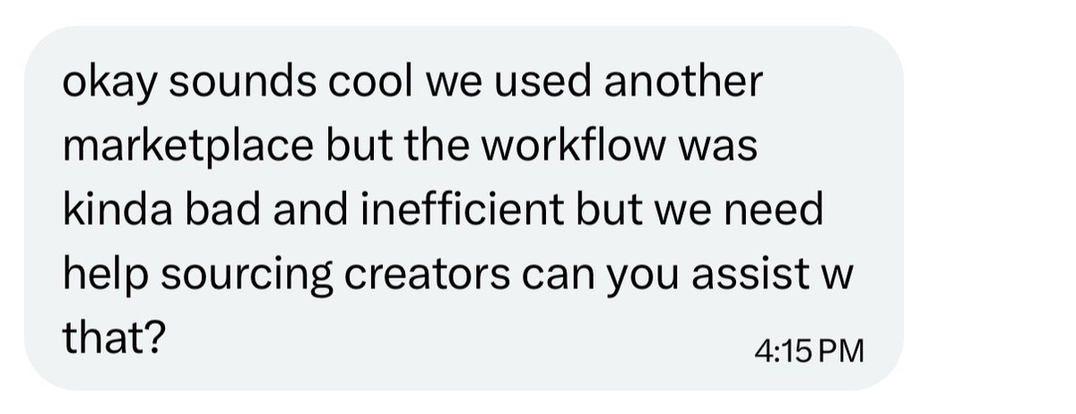 toriluoo's tweet photo. 10th DM like this i've gotten this week.
most ugc marketplaces don't source. they just list.

we source. we vet. we make it efficient. https://t.co/Mf67ijs7gA