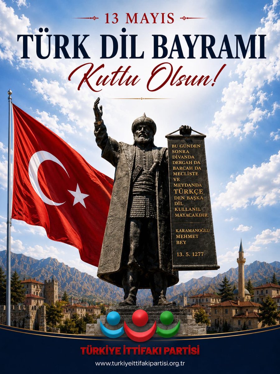 muhittinbay27's tweet photo. 13 MAYIS TÜRK DİL BAYRAMI KUTLU OLSUN

Türkçe; milletimizin ortak hafızası, kültürümüzün taşıyıcısı ve milli birlik ruhumuzun en güçlü sesidir.
Dilini koruyan milletler, geleceğine de sahip çıkar.

Türkiye İttifakı Partisi olarak; milli kimliğimizin en önemli değerlerinden biri olan güzel Türkçemize sahip çıkmayı, gelecek nesillere güçlü bir şekilde aktarmayı milli bir sorumluluk olarak görüyoruz.

Cumhuriyetimizin kurucusu Mustafa Kemal Atatürk’ün ifade ettiği gibi:
“Türk dili, Türk milletinin kalbidir, zihnidir.”

13 Mayıs Türk Dil Bayramı’nı kutluyor, dilimize emek veren herkesi saygıyla selamlıyoruz.

Türkiye İttifakı Partisi