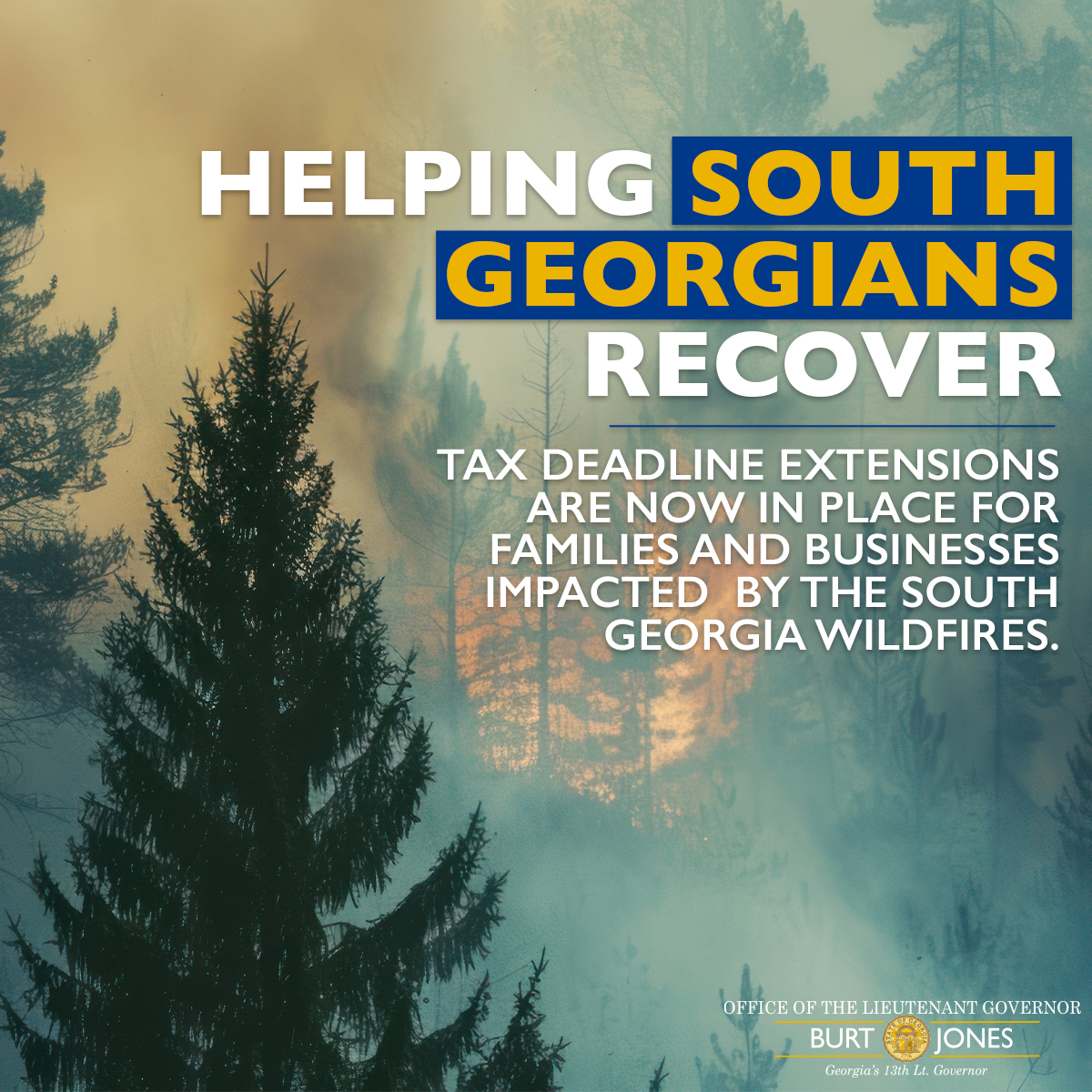 LtGovJonesGA's tweet photo. Proud to stand with South Georgians as they recover from these devastating wildfires. Working alongside Governor Kemp and the Trump administration, we've secured tax relief for families and businesses in Clinch, Echols, and Brantley Counties.

Learn more here: https://t.co/gRmamWnJta #gapol