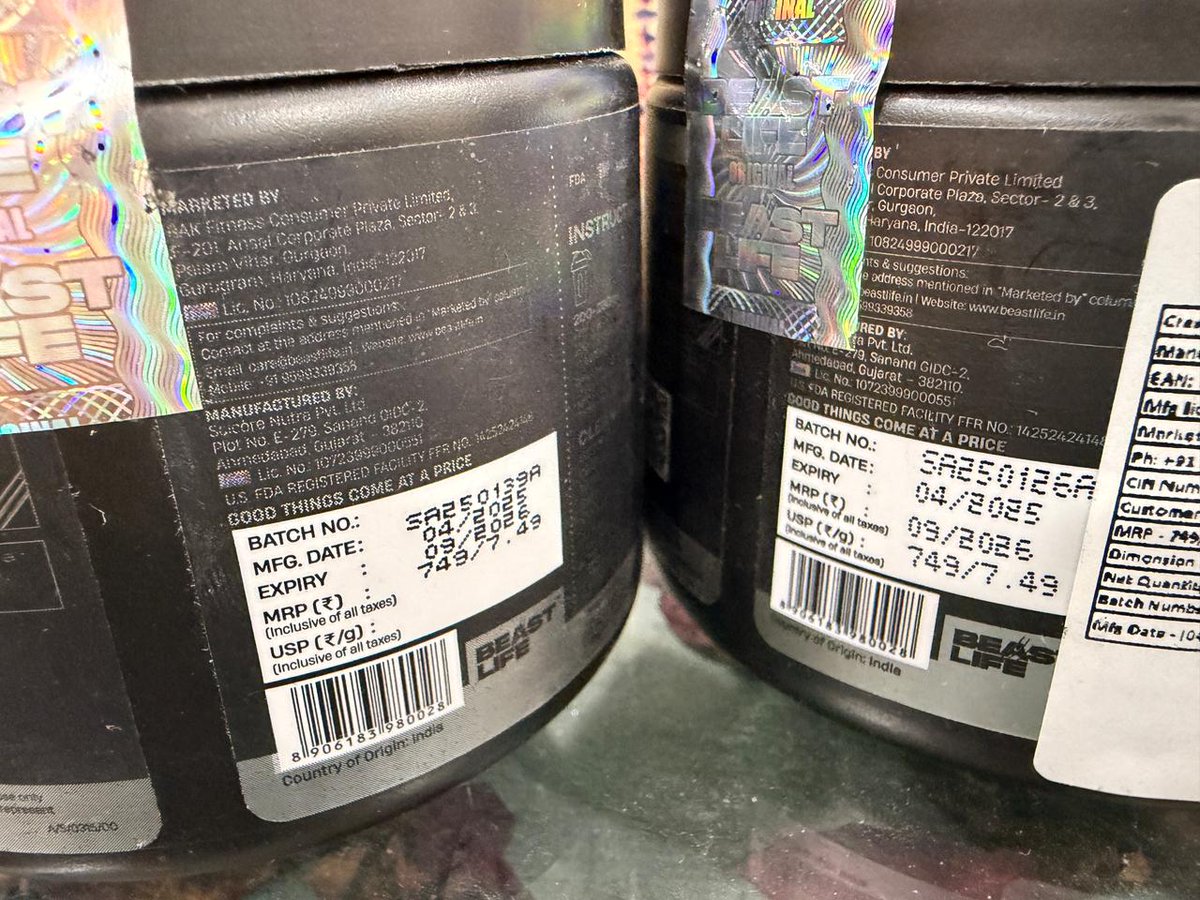 Garv_Chaudhary_'s tweet photo. Ordered 2x Beastlife Creatine (100g) from @Flipkart Received poorly packed in a thin cardboard box with no protection. Boxes had sticky residue and both units were from April 2025 stock expiring Sept 2026.
From official seller Beastlife itself.
@flyingbeast320 expected better https://t.co/9Uuec5UuWu