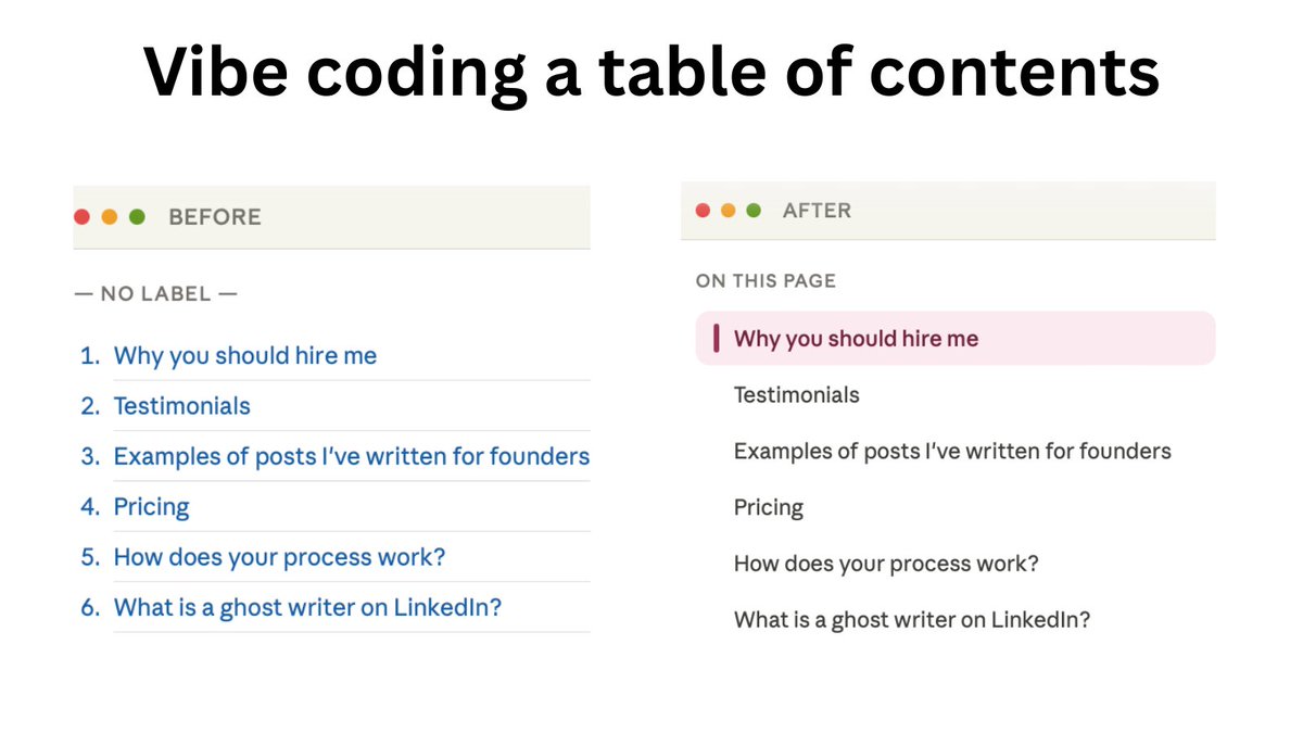 petecodes's tweet photo. I used Claude to vibe code a far better table of contents widget for my ghostwriting pages 

Before: numbers, no active state, tiny text and the text over-ran into the footer

After: no numbers, better colors, active state, bigger text and the table of contents stops before it reaches the footer