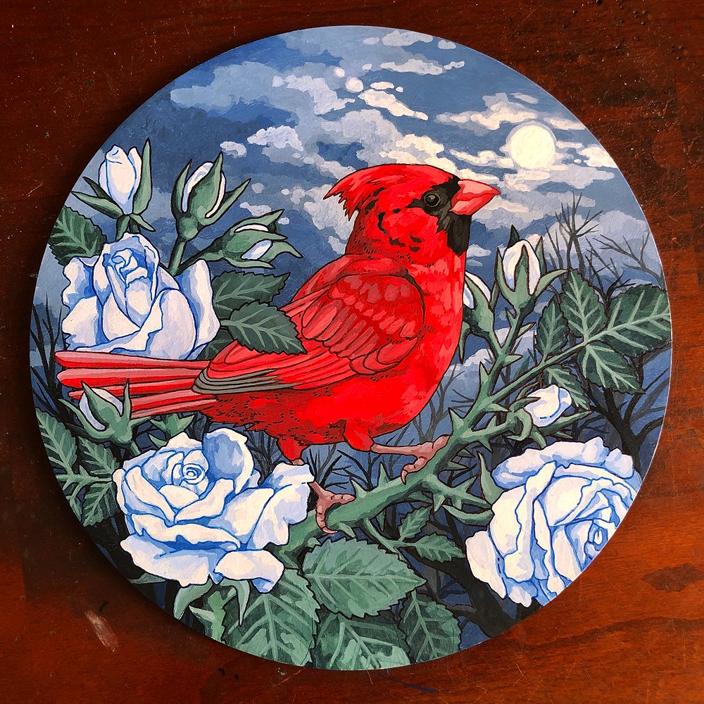 libberkib's tweet photo. A round-up of the Northern Cardinals I've painted over the years (2021 - 2023). 🐦🌼🌿 https://t.co/gbSH7iBafV