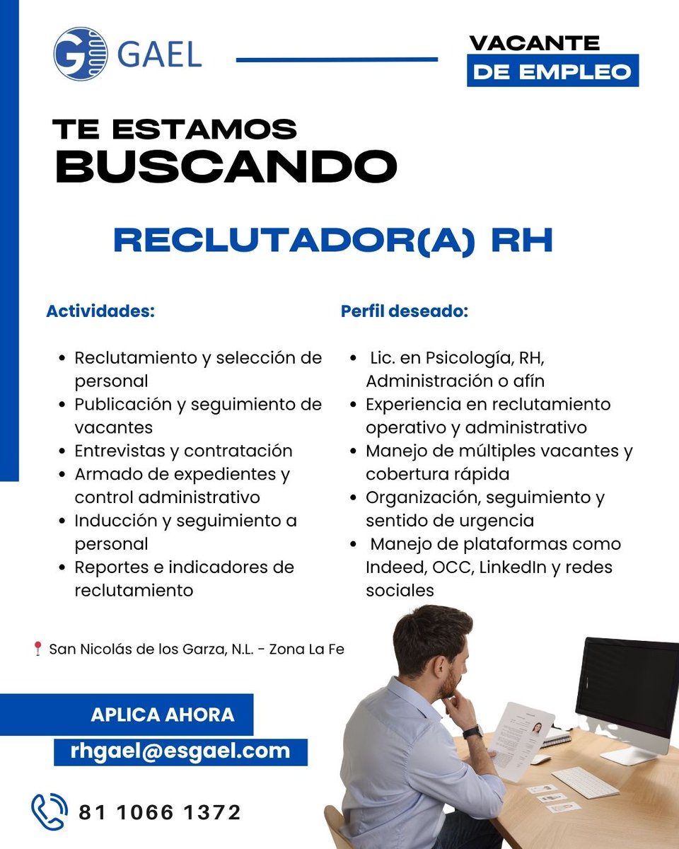 GaelHVAC's tweet photo. Estamos en búsqueda de talento

Si tienes experiencia en reclutamiento y te apasiona encontrar al mejor talento, queremos conocerte. 💼✨

Vacante disponible: Reclutador(a) RH

📍 San Nicolás de los Garza, N.L. – Zona La Fe
 📩 Comparte tu CV: rhgael@esgael.com

 📞 81 1066 1372 https://t.co/2hyZCNZZHR