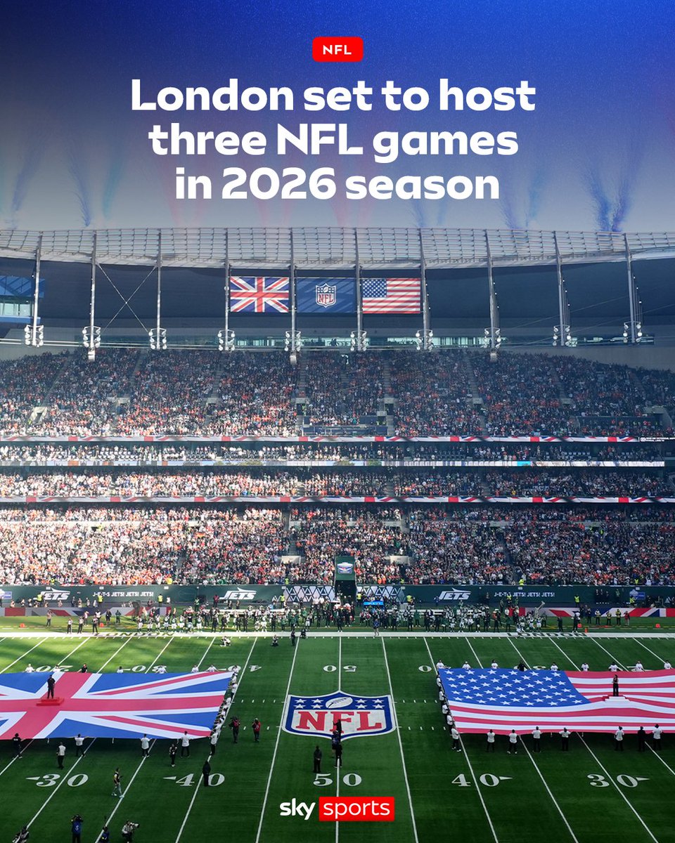 SkySportsNFL's tweet photo. It has been confirmed that a record-breaking nine international fixtures will take place in the 2026 NFL season 🚨

London will host three games, while Melbourne, Rio de Janeiro and Paris are set to welcome their first-ever games🌍 https://t.co/1Gf2zb5X4e