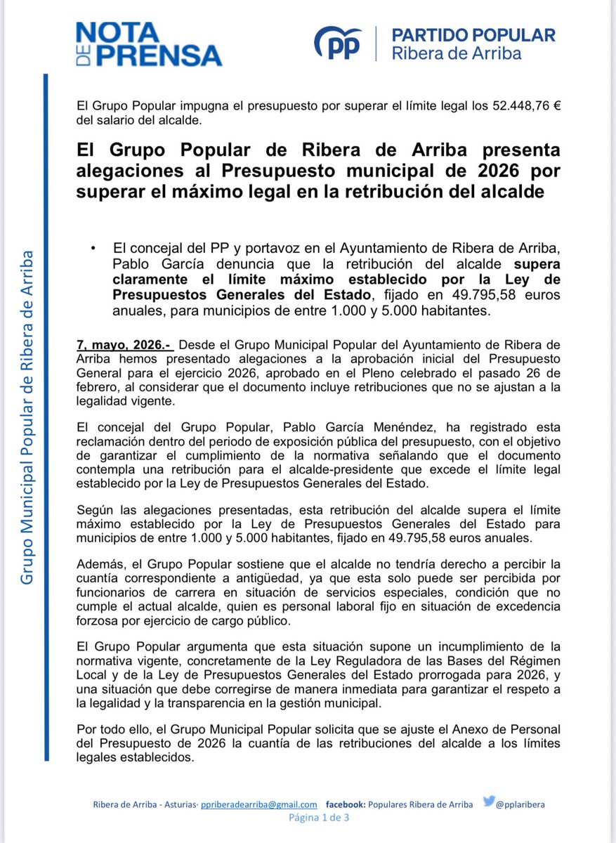pplaribera's tweet photo. ⛔️ Percepción de retribuciones por encima de los límites legales del Sr. Alcalde de Ribera de Arriba.
@ppasturias @laribera https://t.co/p5yo5Nd3hP