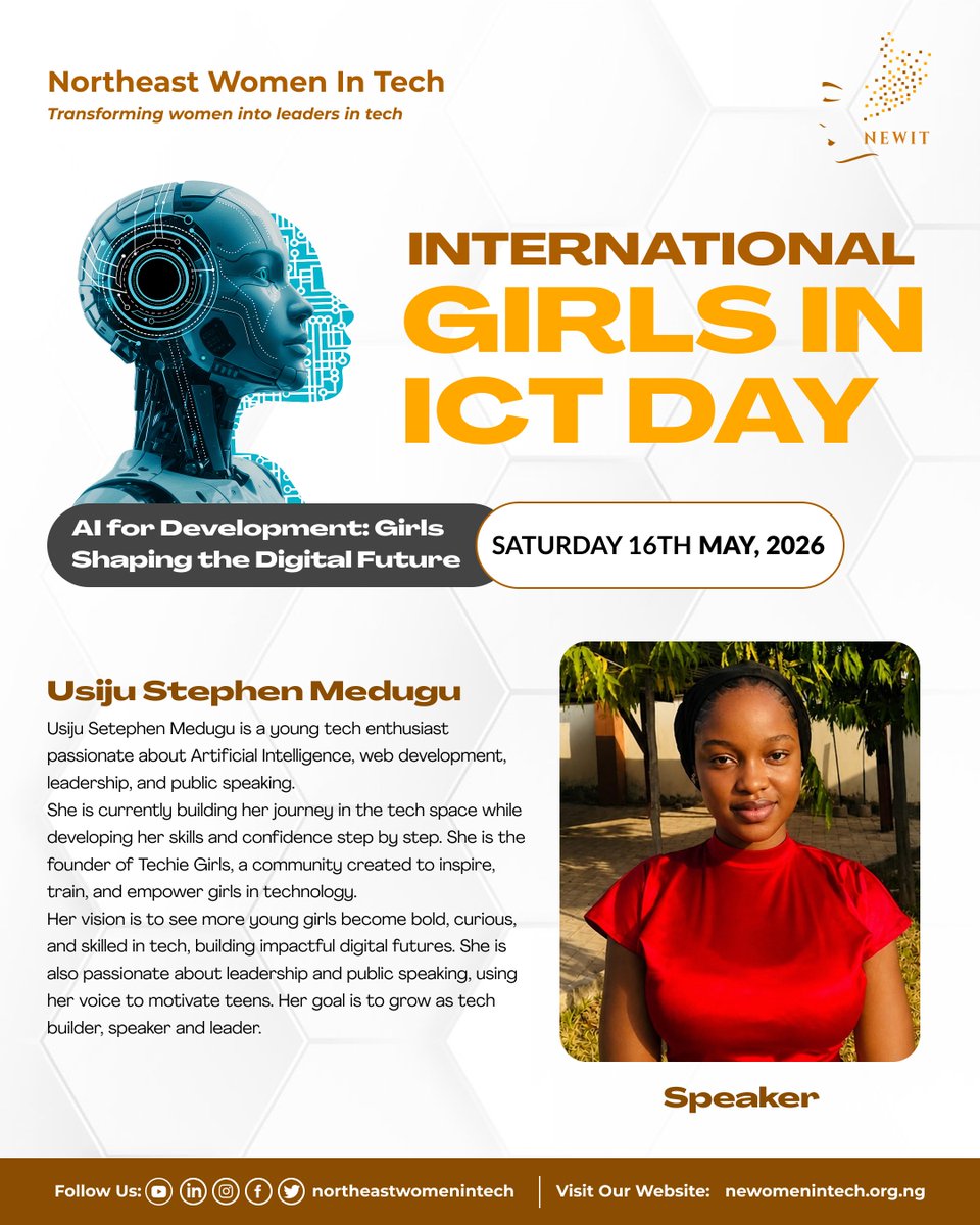 newomenintech's tweet photo. We are proud to introduce the inspiring speakers joining us for the 2026 International Girls in ICT Day hosted by Northeast Women in Tech (NEWIT) in Yola, Adamawa State.

#GirlsInICTDay #GirlsInICT #AIForDevelopment #GirlsInTech #WomenInTech #STEMForGirls #DigitalInclusion https://t.co/NGO3Y3whYJ