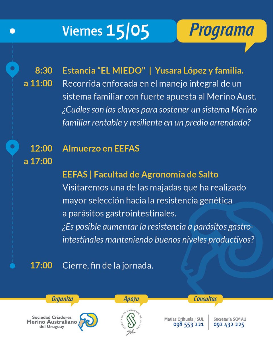 MerinoUY's tweet photo. Agende y súmese!
🗓️ 14 y 15 de mayo nos encontramos en la GIRA de MERINO AUSTRALIANO🐑
✅ Actividad gratuita para quienes se inscriban
👥 Abierta a todo público
📣 Próximamente compartiremos el programa y el formulario de inscripción. https://t.co/qHiRALpjSl