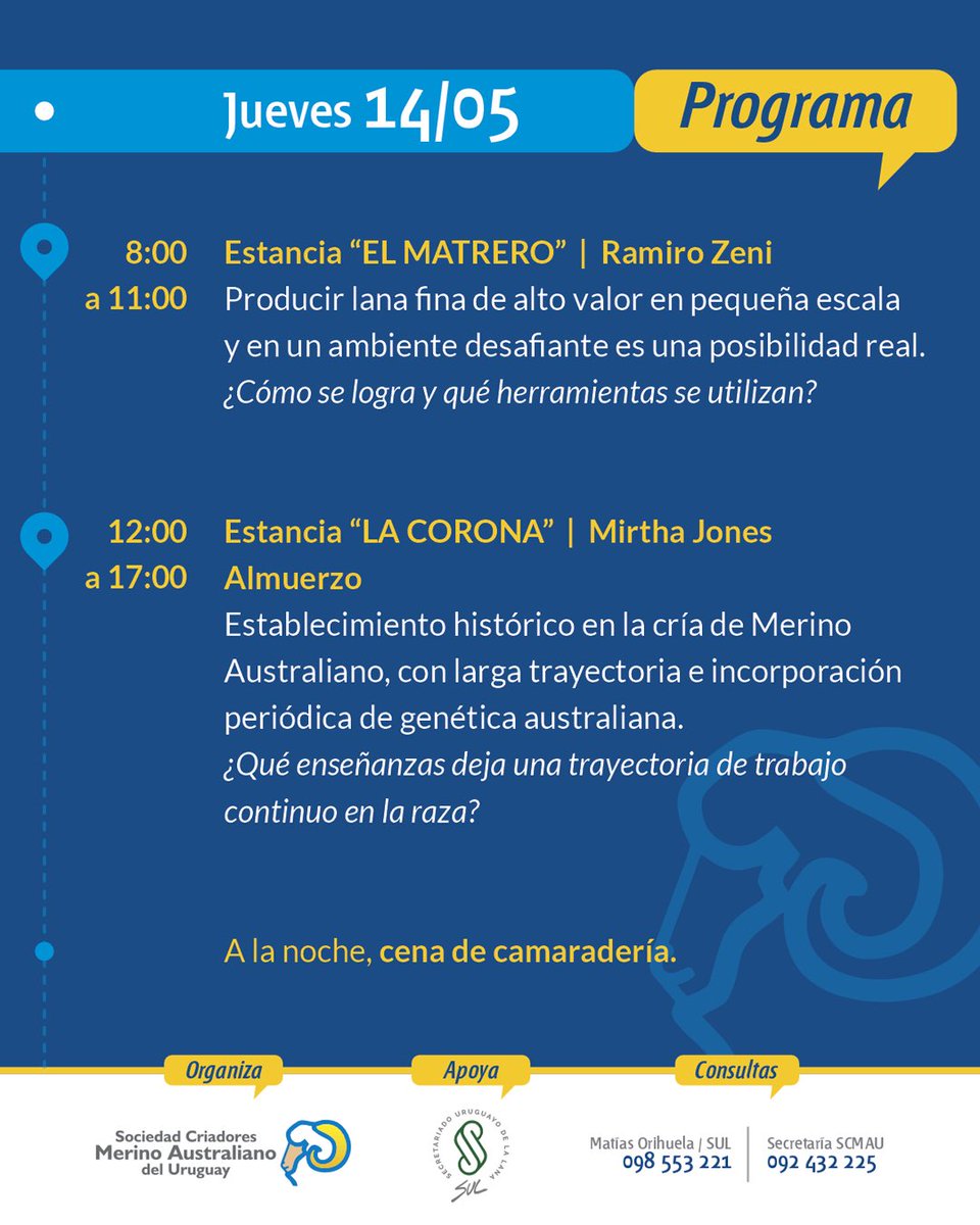 MerinoUY's tweet photo. Agende y súmese!
🗓️ 14 y 15 de mayo nos encontramos en la GIRA de MERINO AUSTRALIANO🐑
✅ Actividad gratuita para quienes se inscriban
👥 Abierta a todo público
📣 Próximamente compartiremos el programa y el formulario de inscripción. https://t.co/qHiRALpjSl