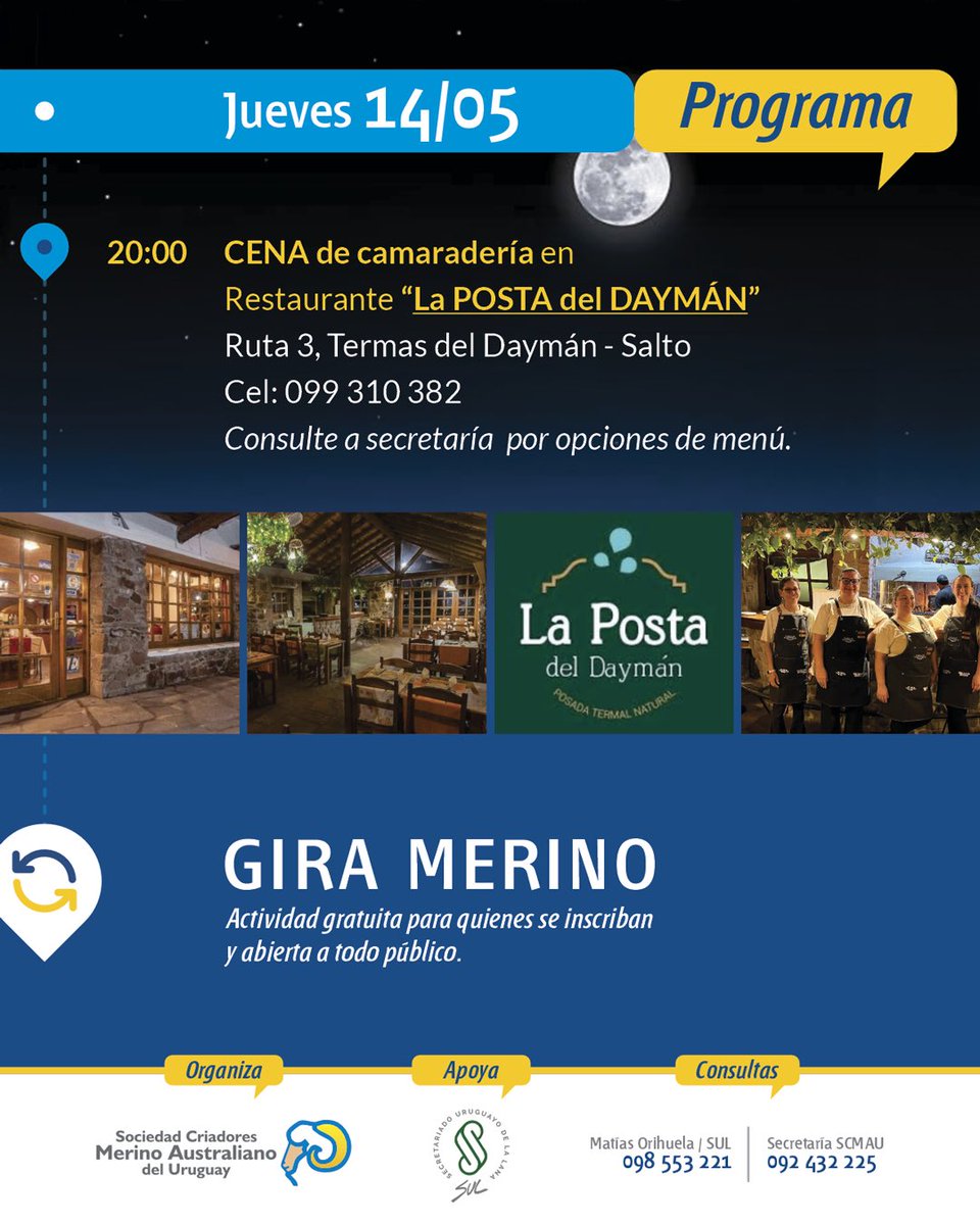 MerinoUY's tweet photo. Agende y súmese!
🗓️ 14 y 15 de mayo nos encontramos en la GIRA de MERINO AUSTRALIANO🐑
✅ Actividad gratuita para quienes se inscriban
👥 Abierta a todo público
📣 Próximamente compartiremos el programa y el formulario de inscripción. https://t.co/qHiRALpjSl