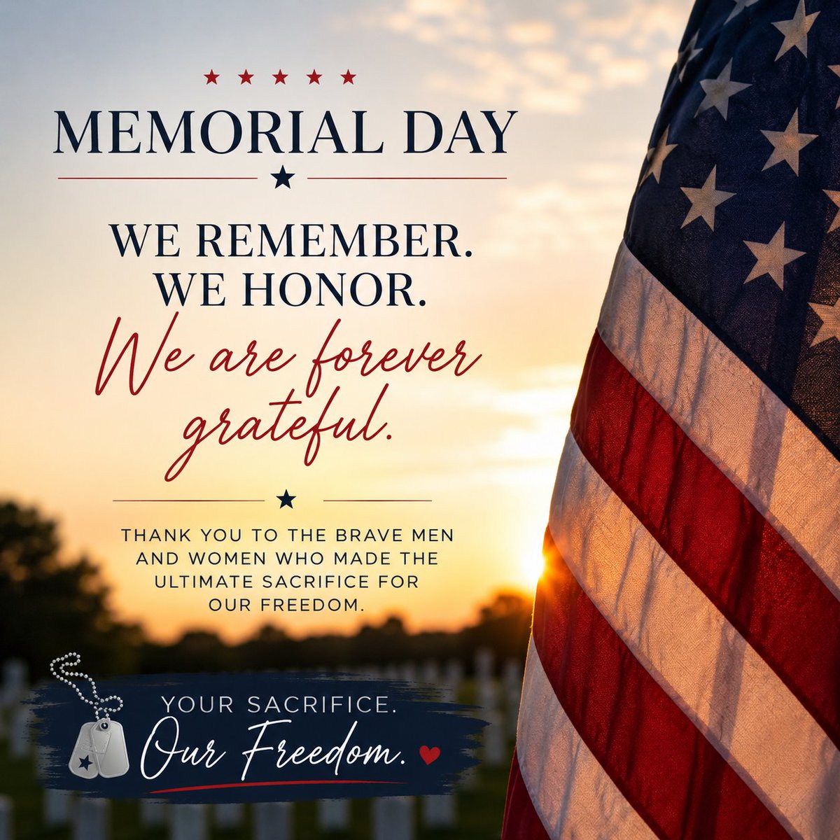 lhlnetwork's tweet photo. This Memorial Day, we pause to remember the brave men and women who gave everything in service to our country.

Their sacrifice is the reason we have the freedoms we enjoy today. May we never take that sacrifice for granted, and may we honor their legacy not only with words—but by how we live, lead, and serve others.

Today, we remember. 🇺🇸

#MemorialDay #HonorTheFallen #NeverForgotten #ServiceAndSacrifice #Leadership #ServantLeadership #LHLN