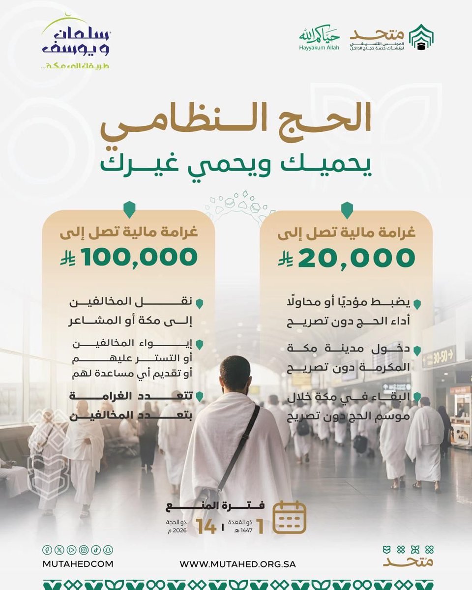 SalmanAndYousef's tweet photo. الحج النظامي يحميك ويحمي غيرك… فالتقيد بالتعليمات يضمن سلامة الجميع ويمنع المخالفات.
وتُطبّق غرامة 20,000 ريال لمن يحج بلا تصريح، و100,000 ريال لمن ينقل المخالفين 🤍
#حياكم_الله
#حج_١٤٤٧
#سلمان_ويوسف https://t.co/NEXnKQehuM