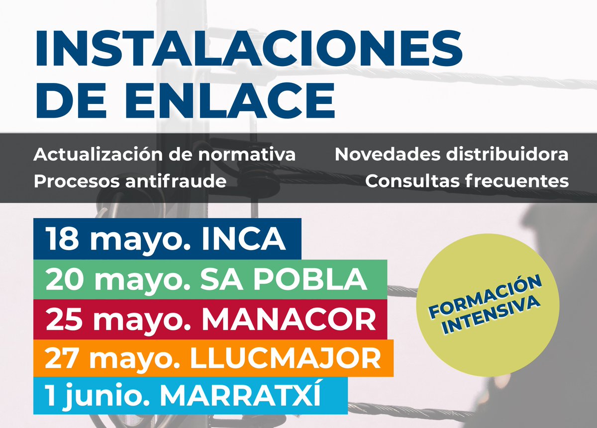 ASINEM_IB's tweet photo. 🚗⚡¡Actualización de normativa en instalaciones de enlace! 

‼️Formación gratuita e intensiva para empresas instaladoras en Inca, Sa Pobla, Manacor, Llucmajor y Marratxí.

➡️Apúntate:
https://t.co/thFGOt73ly https://t.co/w99hk5Fq0y