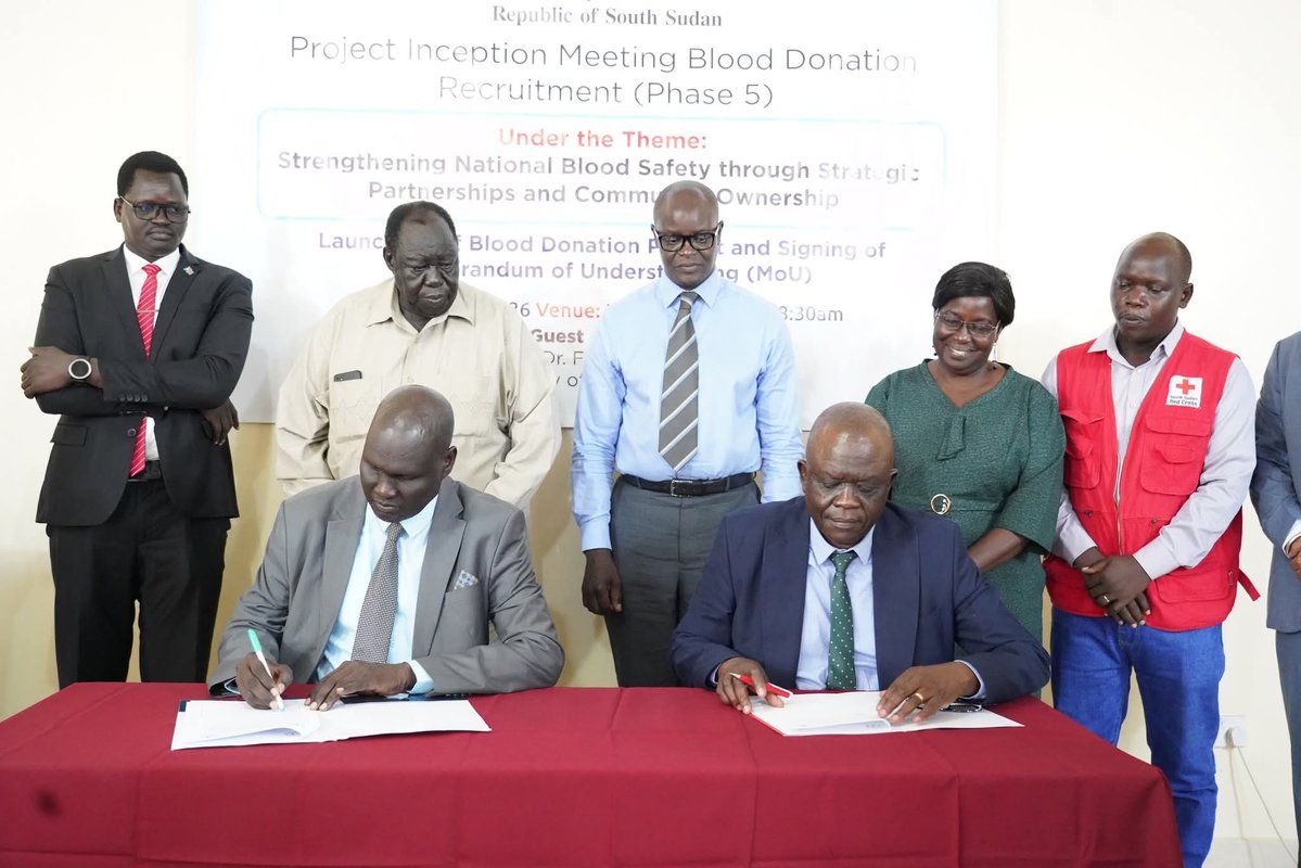SSRCS's tweet photo. The South Sudan Red Cross and Ministry of Health (@MoHsouthsudan) signed an MoU on 12 May 2026 to strengthen blood transfusion services and address shortages of safe blood in #SouthSudan through voluntary donation campaigns, community awareness, and stronger partner coordination. https://t.co/SluZQGfUIq