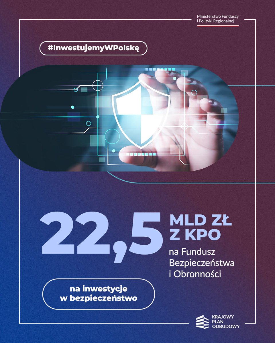 MFIPR_GOV_PL's tweet photo. #InwestujemyWPolskę
🔝 Polska jako pierwsza w UE w ramach #KPO powołała Fundusz Bezpieczeństwa i Obronności na ponad 22,5 mld zł 💪
➡️ Pieniądze z #FBiO zostaną zainwestowane w:
✅ budowę miejsc schronienia dla ludności - 9,65 mld zł
✅ infrastrukturę podwójnego zastosowania - 6,3 mld zł
✅ modernizację firm i rozwój technologii dla obronności - ponad 4 mld zł
✅ cyberbezpieczeństwo - 2,5 mld zł.
🆕 Działa już spółka specjalnego przeznaczenia #Chrobry, która będzie wdrażać #FBiO.
🔜 Pierwsze konkursy z #FBiO zostaną uruchomione w drugiej poł. 2026 r.
