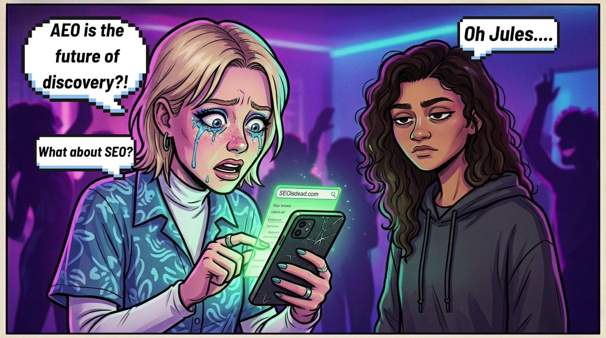 SEO_Is_Dead_'s tweet photo. Nothing ruins a party like finding out AEO is the future of discovery. Rue has been living in the AEO era while Jules was still busy optimizing meta descriptions.

Rue already knows that staying ahead of the algorithm is the only way to survive. Don't be a Jules.

#Euphoria #AI #AEO #SEO