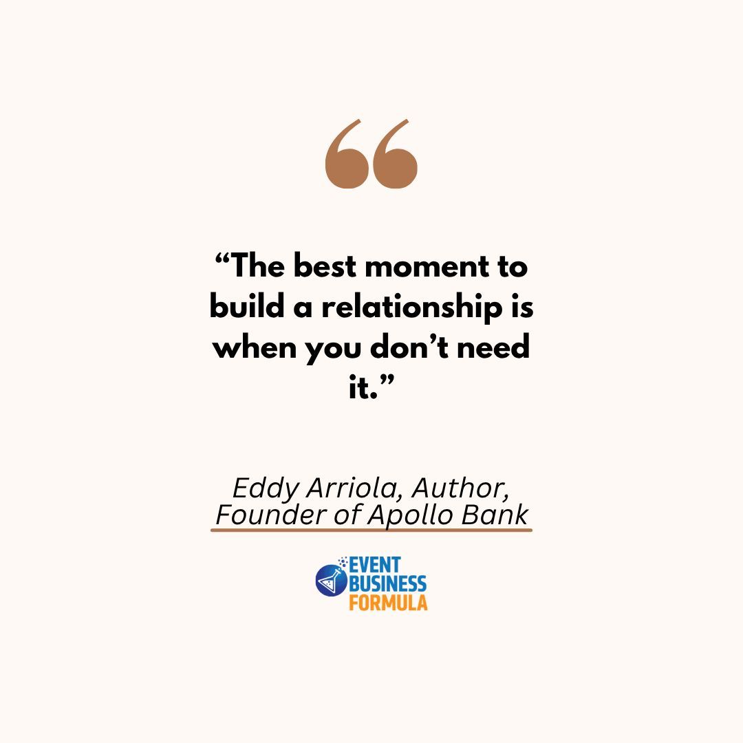 eric_rozenberg's tweet photo. Stop waiting until you need the relationship to build it.

"The best moment to build a relationship is when you don't need it."

Eddy Arriola, Author and Founder of Apollo Bank, on Episode 322 of The Business of Meetings Podcast.

The best doors in this industry are opened before you ever need them.  

You can listen to the episode here https://t.co/0Yr65hWLah or watch it on YouTube: https://t.co/CHJ0MZSSQB