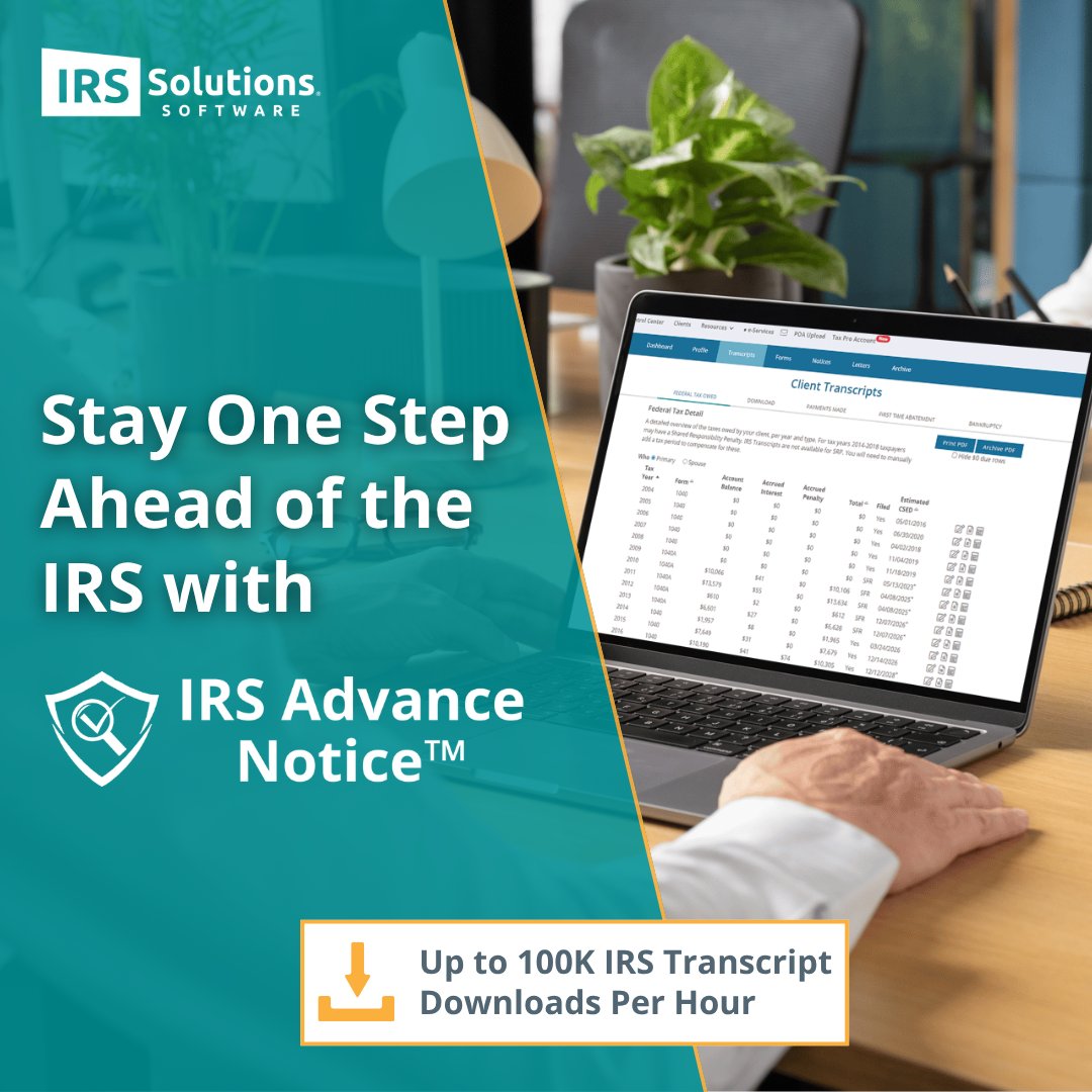 IRSSolutions1's tweet photo. Every IRS Solutions® membership includes full access to every feature, including IRS Advance Notice. 👀 IAN™ monitors client transcripts and alerts you to changes, often months before mail notice. 🦸 Use that time to prepare your defense. ➡️ https://t.co/EdMrJWK6UK https://t.co/Gd90yvr9XB