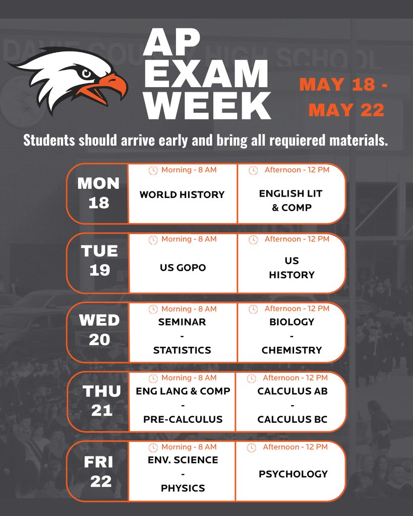 daviecountyhs's tweet photo. AP Exam Week is May 18–22!

Families, please help remind students to arrive early, be on time, and bring all required materials for their scheduled exams. 

We’re cheering on our War Eagles as they finish strong! 

#experiencedavie https://t.co/i8umXvYWlM