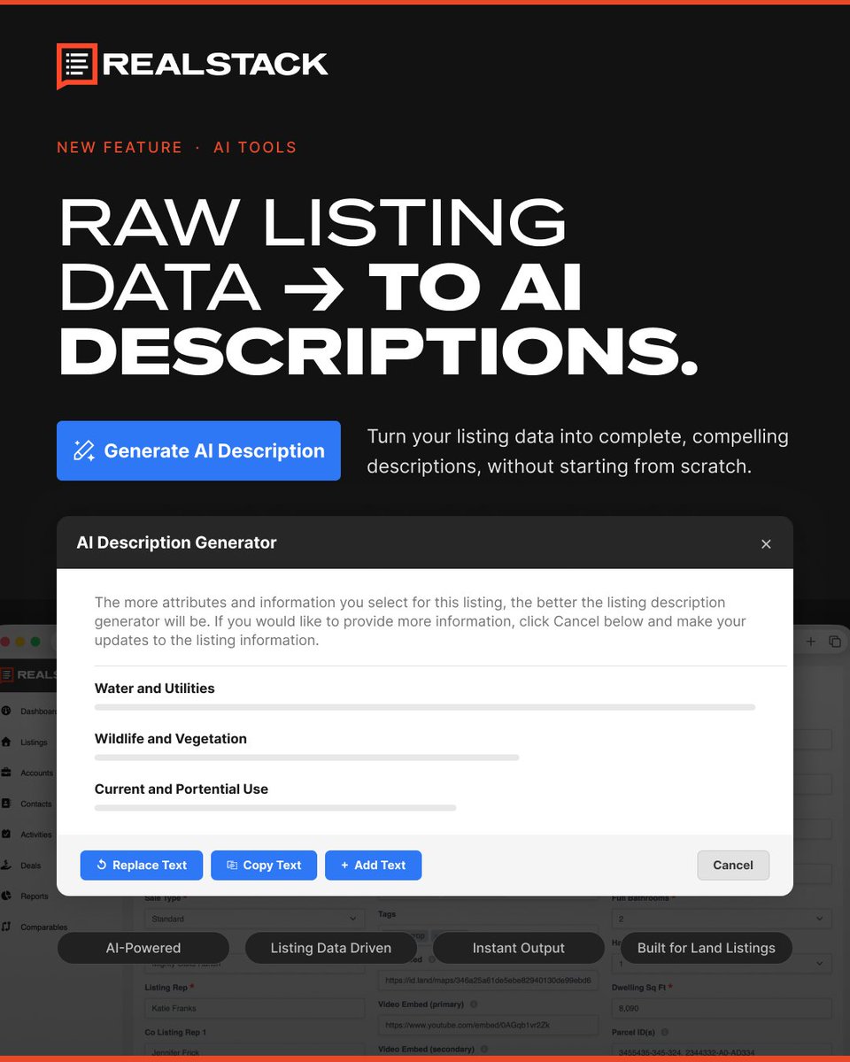 REAL_STACK's tweet photo. We just released a new AI Listing Description Generator inside REALSTACK. It helps turn your listing data into clearer, more complete descriptions without having to start from scratch. Looking to improve how your listings are presented? Check it out https://t.co/5UBog274cZ https://t.co/b7uO19Fk1y