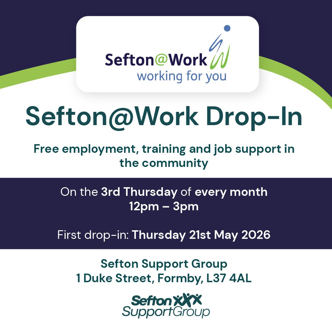 SeftonGroup's tweet photo. Sefton@Work will now be holding a monthly drop-in at Sefton Support Group.

🗓 3rd Thursday of each month
⏰ 12pm–3pm
📍 1 Duke Street, Formby

Support with work, training, CVs and job applications.

Find out more: https://t.co/5lcvZUgjh1 https://t.co/4sp08FQadp