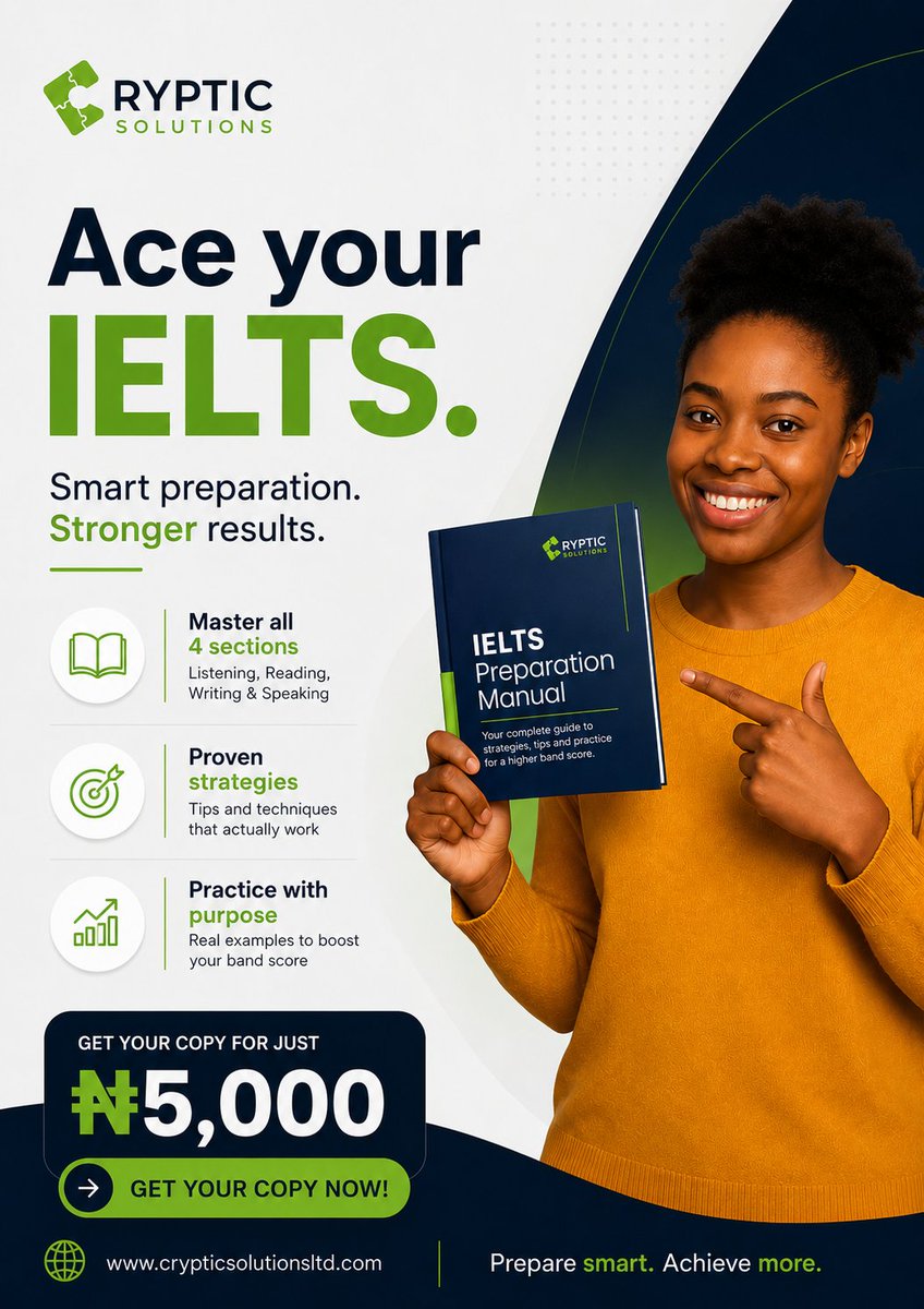 Cryptic_Solutns's tweet photo. Struggling with IELTS?

It’s not about working harder, it’s about using the right strategy.

This manual covers all 4 sections with proven techniques that actually work.

Get it now: ₦5,000 👇
https://t.co/sSA2WWLXJr

#IELTS #IELTSPrep #StudyAbroad #IELTSNigeria #Japa #ExamPrep https://t.co/t0f2GRmx5S