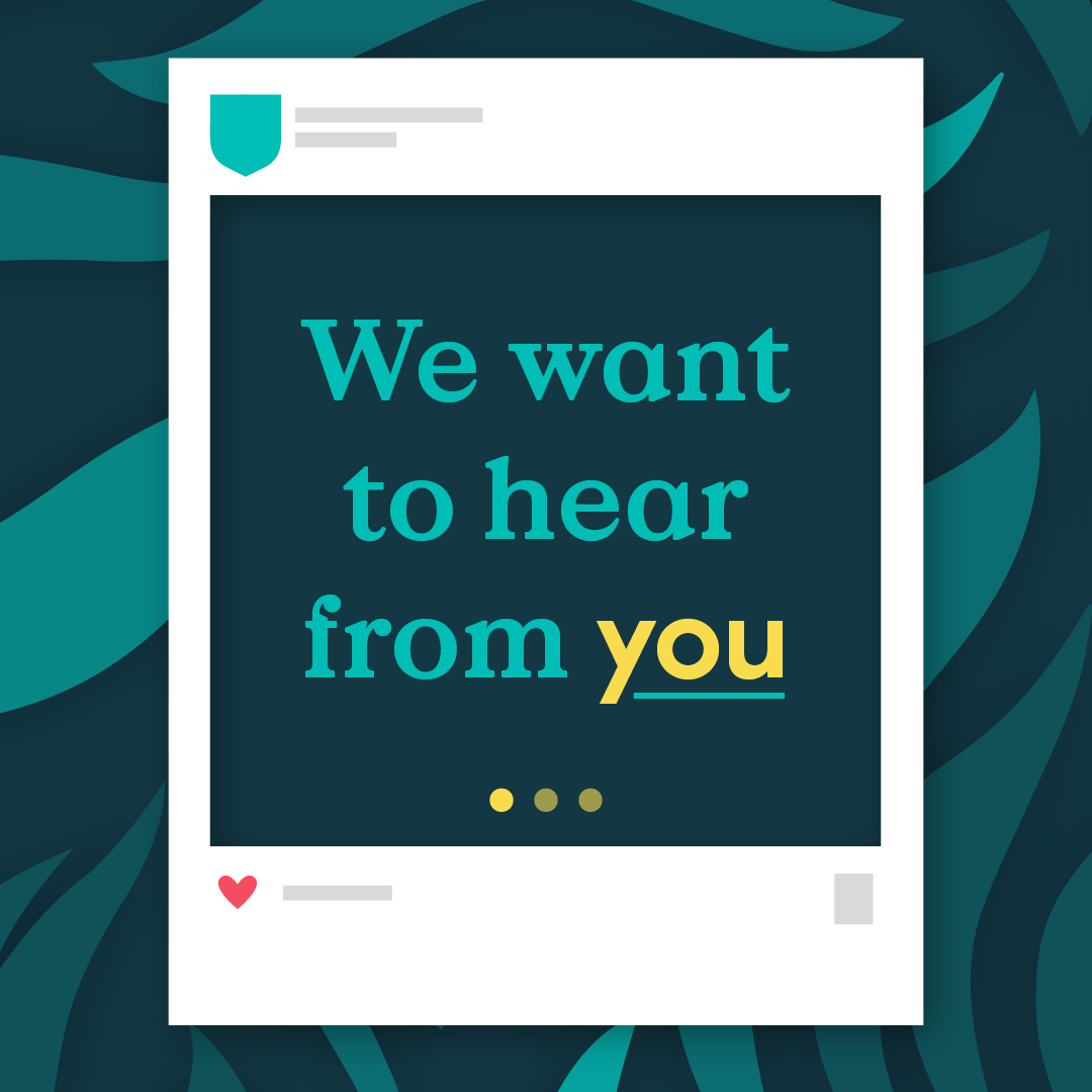 Dark blue graphic with the text 'We want to hear from you' in blue and yellow, with a decorative social media post illustration and Cambridge University Press shield.